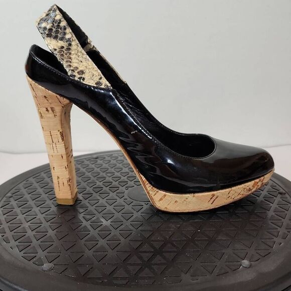 FENDI Black Patent Leather Round Toe Cork Platform High Heel Pumps Size 37.5 EU - Picture 1 of 15
